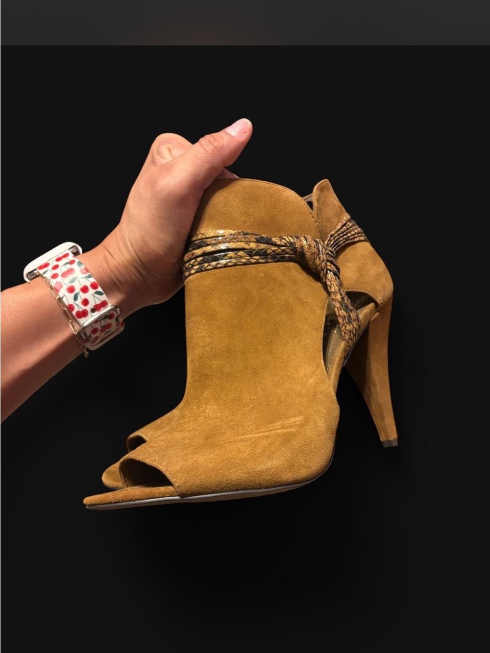 Vince Camuto Tan Suede Peep-Toe High Heel Bootie with Braided Strap
